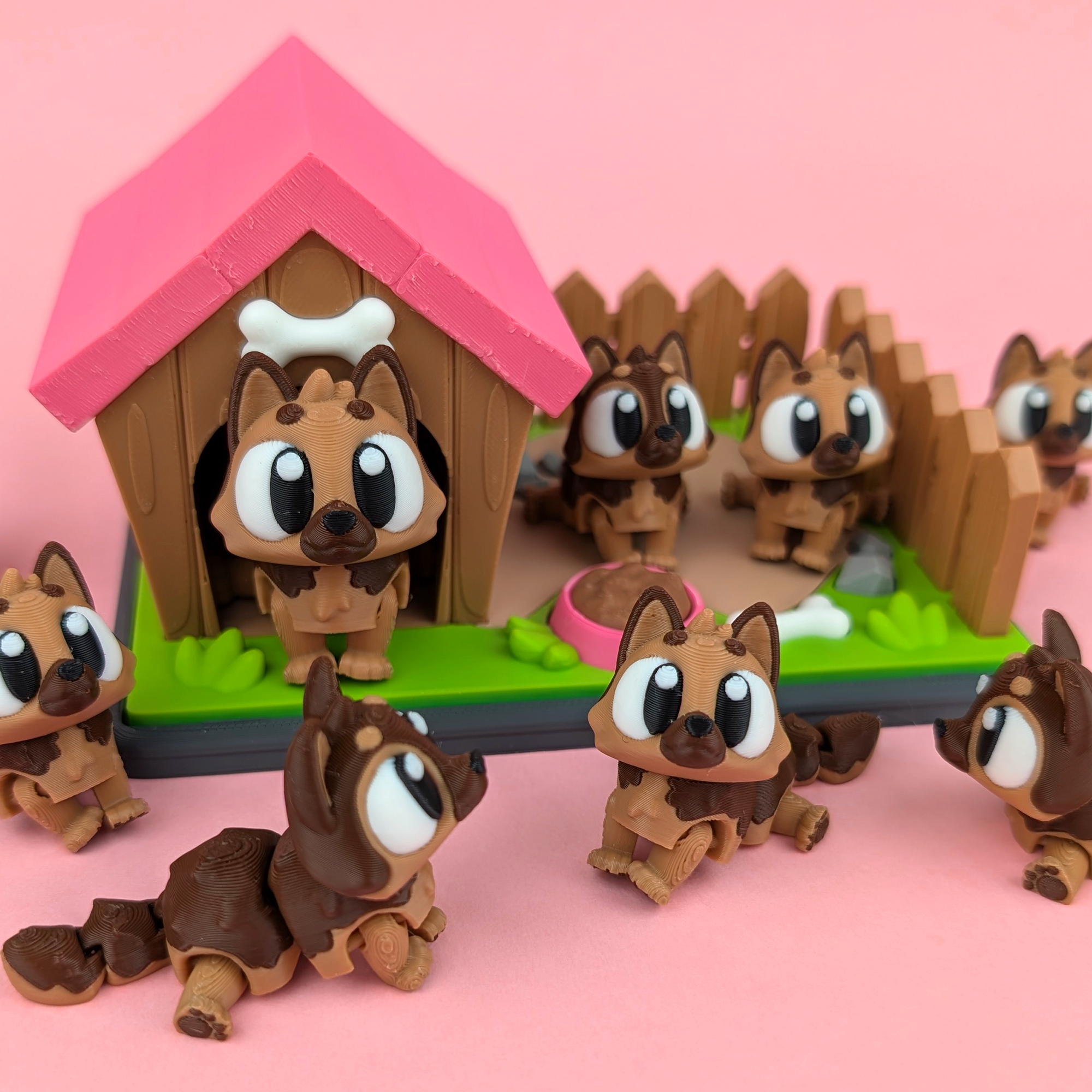 Krew3D Printables - Articulated Baby German Shepherd with Mini Backyard Showcase | 3D Printed Flexible Fidget Collectible Gift for Dog Lovers, Kid | 3DGOB